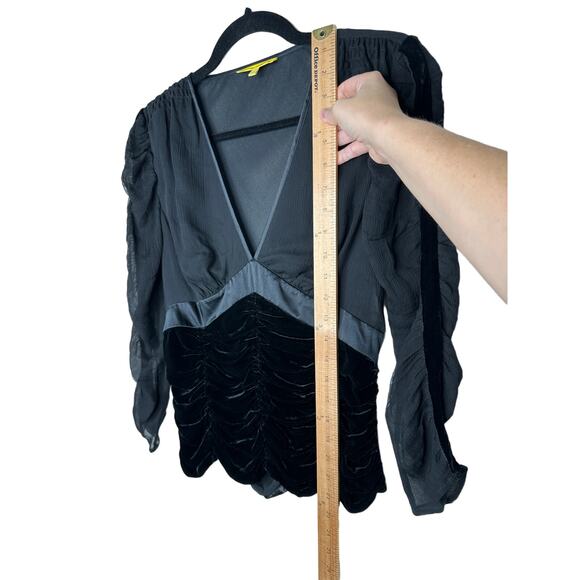 Catherine Malandrino Black Deep-V Gauze Satin Velvet Ruched 3/4 Sleeve Blouse S - Picture 11 of 12